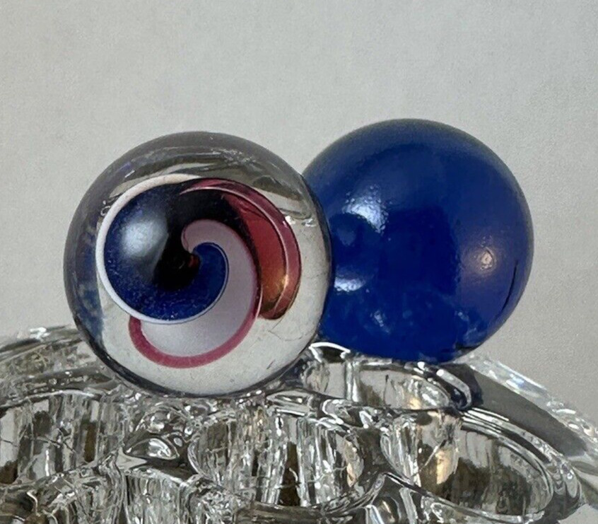 2 MARBLES BLUE 71/128 & RED WHITE & BLUE GLITTER RIBBON SWIRL 39/64 BEAUTY!