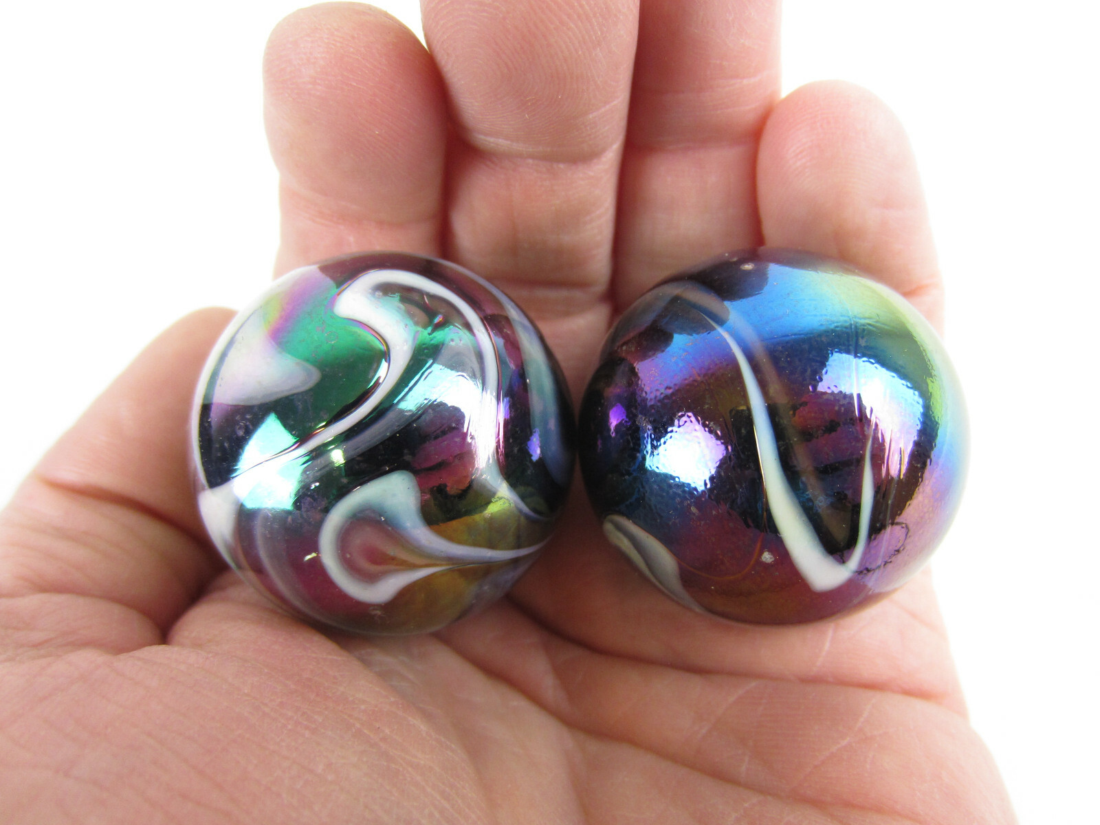 2 BOULDERS 35mm MILKY WAY Marbles glass ball oil slick LARGE HUGE Swirl