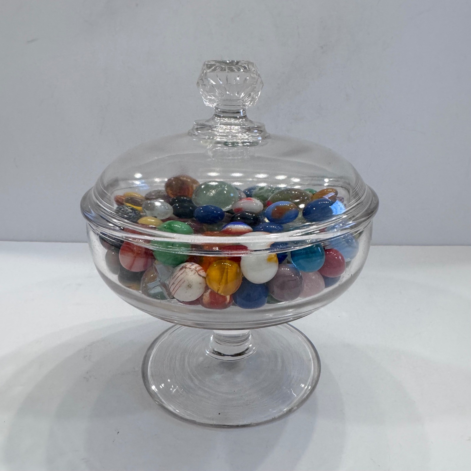 Glass Candy Dish Jar with Lid and Colorful Vintage Marble Assortment