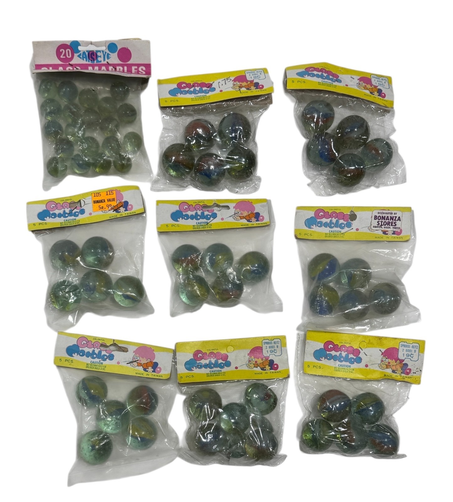 Colorful Glass Marbles 5-Pcs Catseye Large Size Qty 7 + 20-Pcs Normal Size Qty 1