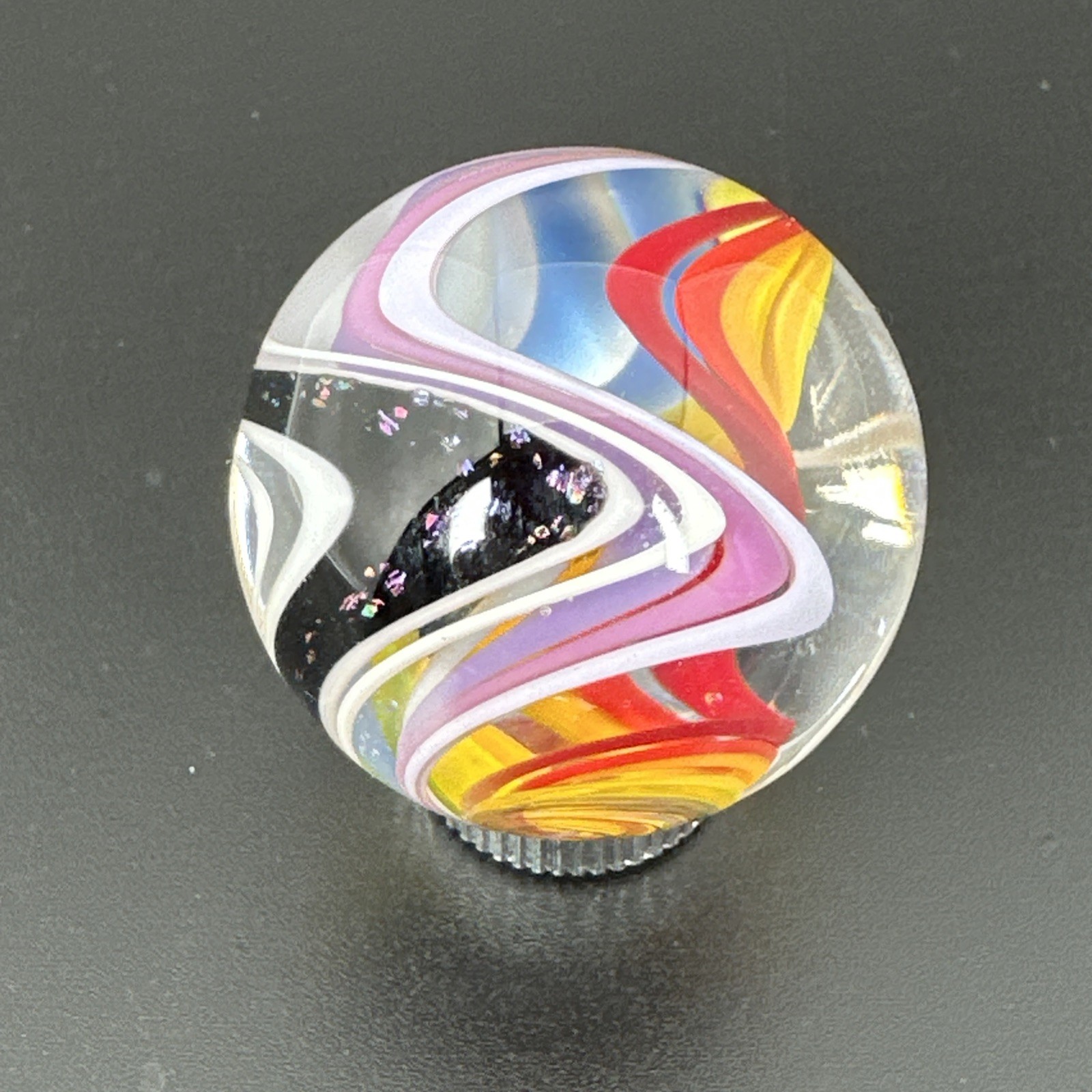 Contemporary Handmade Art Glass Marble 1.16″ Bright Multicolor Swirl, Black, MIB