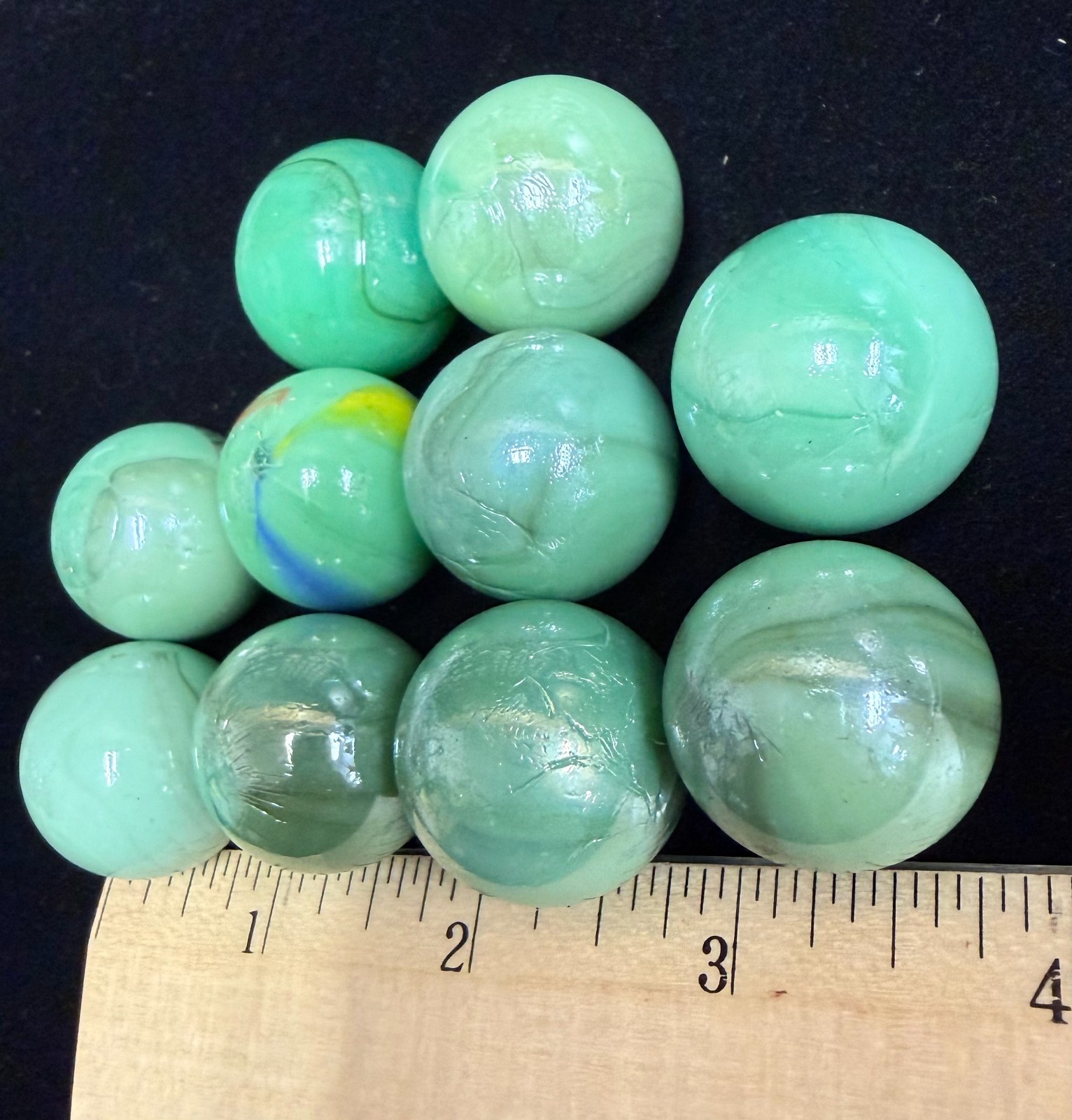 Vintage Glass Marbles Green, 24mm, 1 inch Approximately, Set of 10