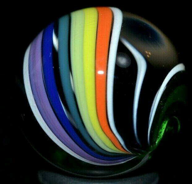 JODY FINE HANDMADE GLASS MARBLE/.880″-ZEBRA CORE w/RAINBOW & GREEN LUTZ RIBBONS-