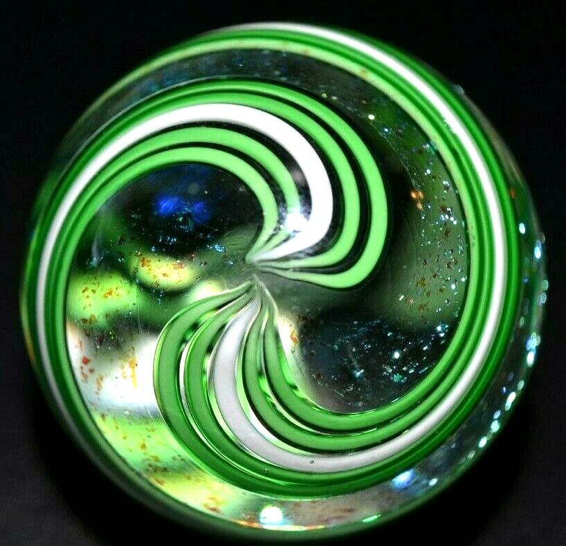 JAMES ALLOWAY GLASS MARBLE/1.249″-LIME DICHROIC SWIRL#3158-DICHROIC SAPPHIRE +