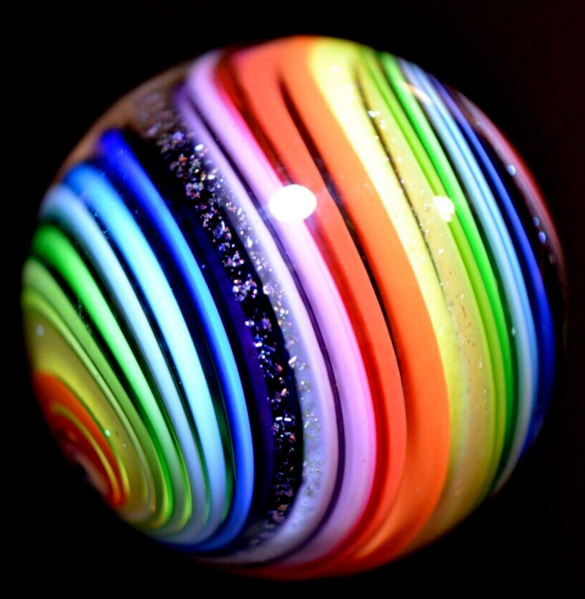 EDDIE SEESE GLASS MARBLE/1.783″-DICHROIC RAINBOW JOSEPH’S COAT-AVOCADO,LILAC,RED