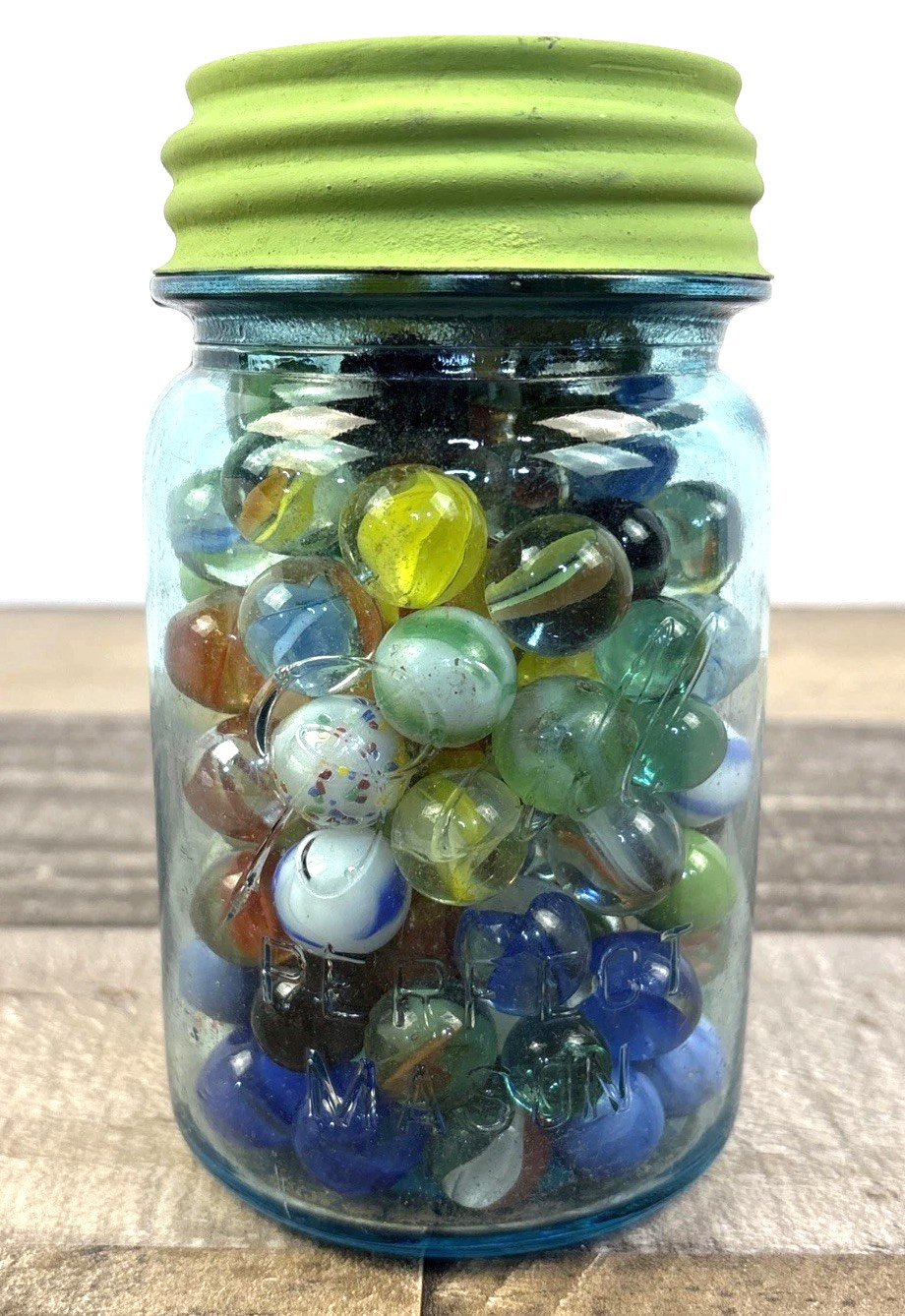 Vintage Small Ball Mason Jar Filled with 130 Assorted Marbles Sizes&Colors MS04