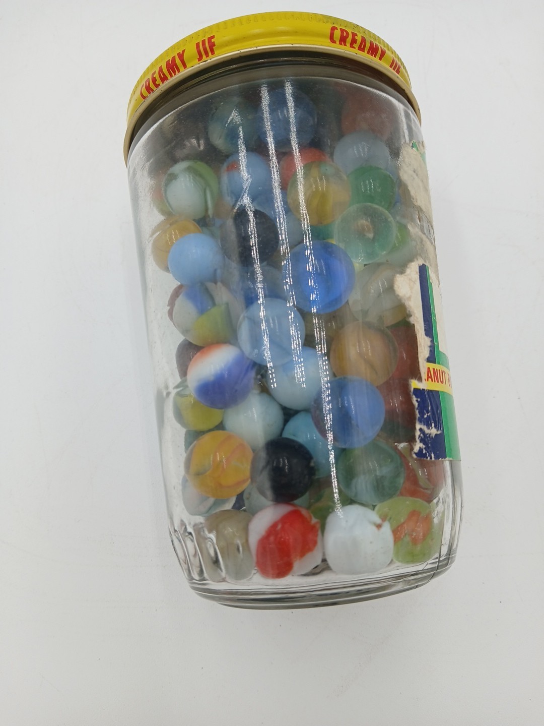 Vintage Jar Of Assorted Marbles With Steelie In Glass Peanut Butter Jif Jar