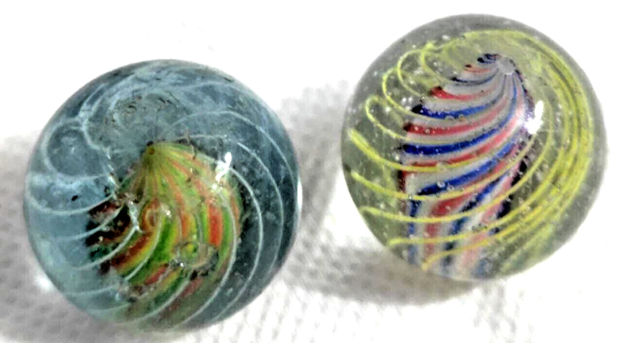 OLD 2 TOY MARBLES multi colored solid core caged 1 tri level ,2 blue base glass
