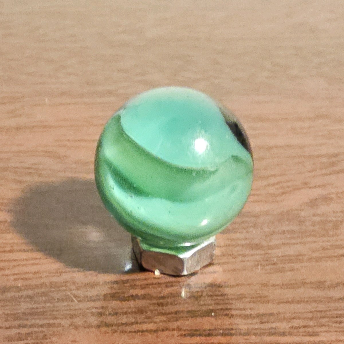 C E Bogard Floppy Green Uranium Glow 4 Lobe Cats Eye Clear Glass .625 Marble
