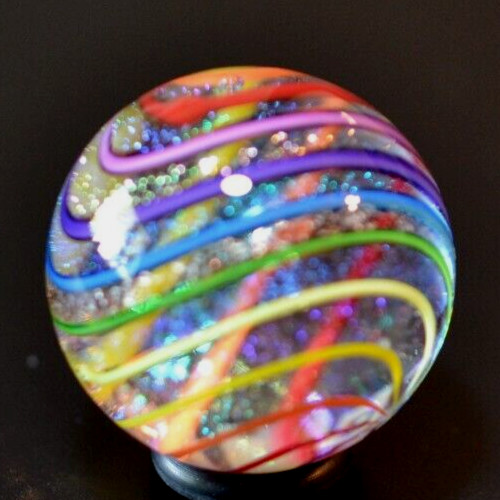 JAMES ALLOWAY GLASS MARBLE/1.225″-RAINBOW DICHROIC GLITTERBALL #354-MAGENTA,YLW+