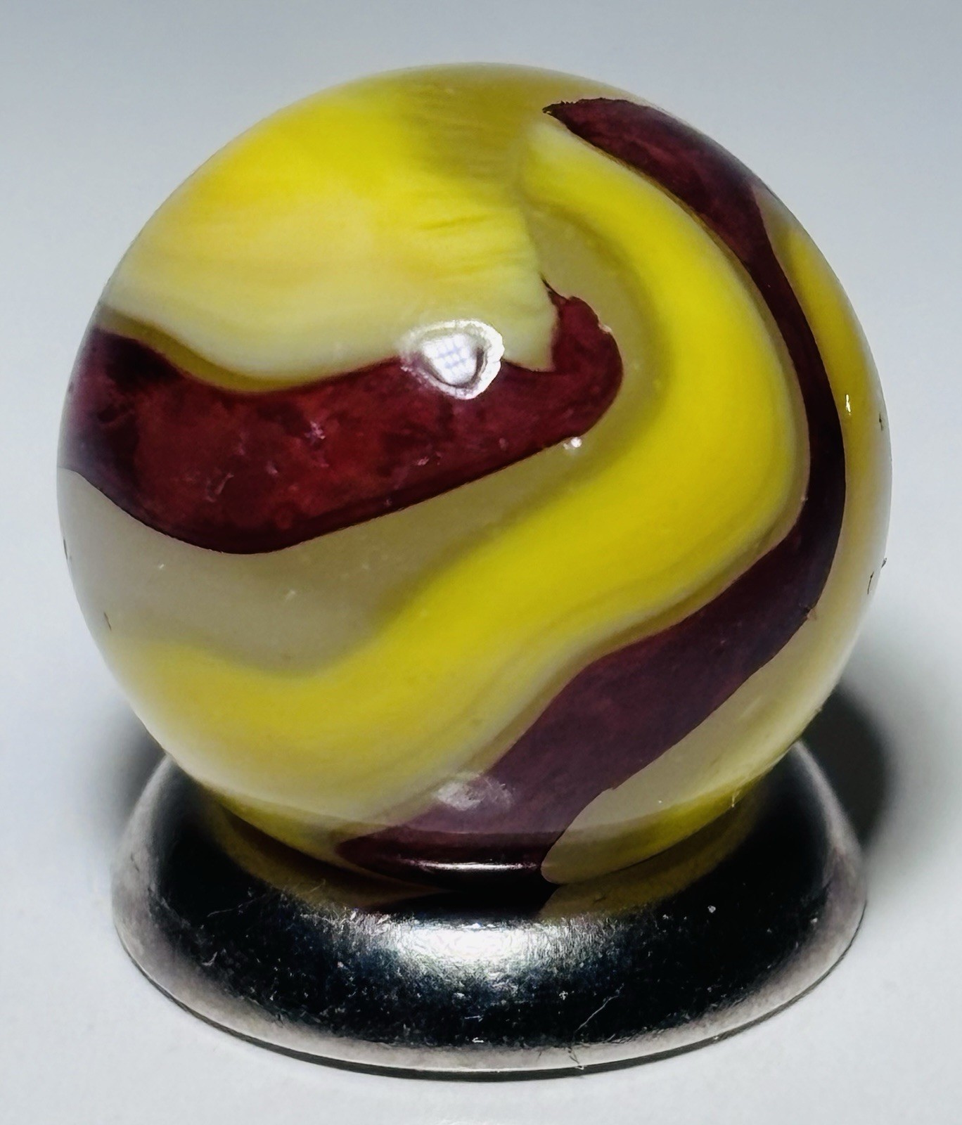 Vintage Akro Agate EggYolk OXblood Swirl Marble .61” In Wet Mint Condition