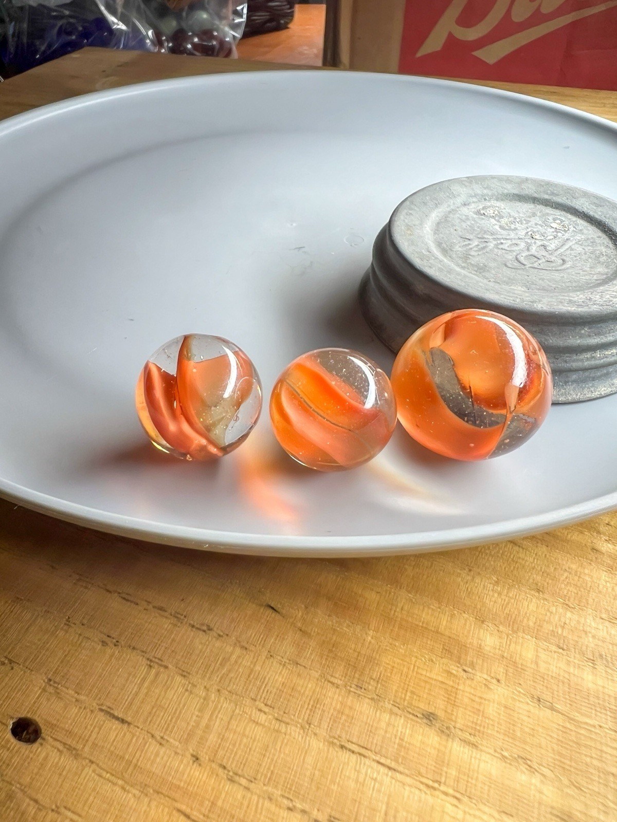 Vintage orange cats eye Glass Marbles Set of 3 sizes Decorative Collectibles