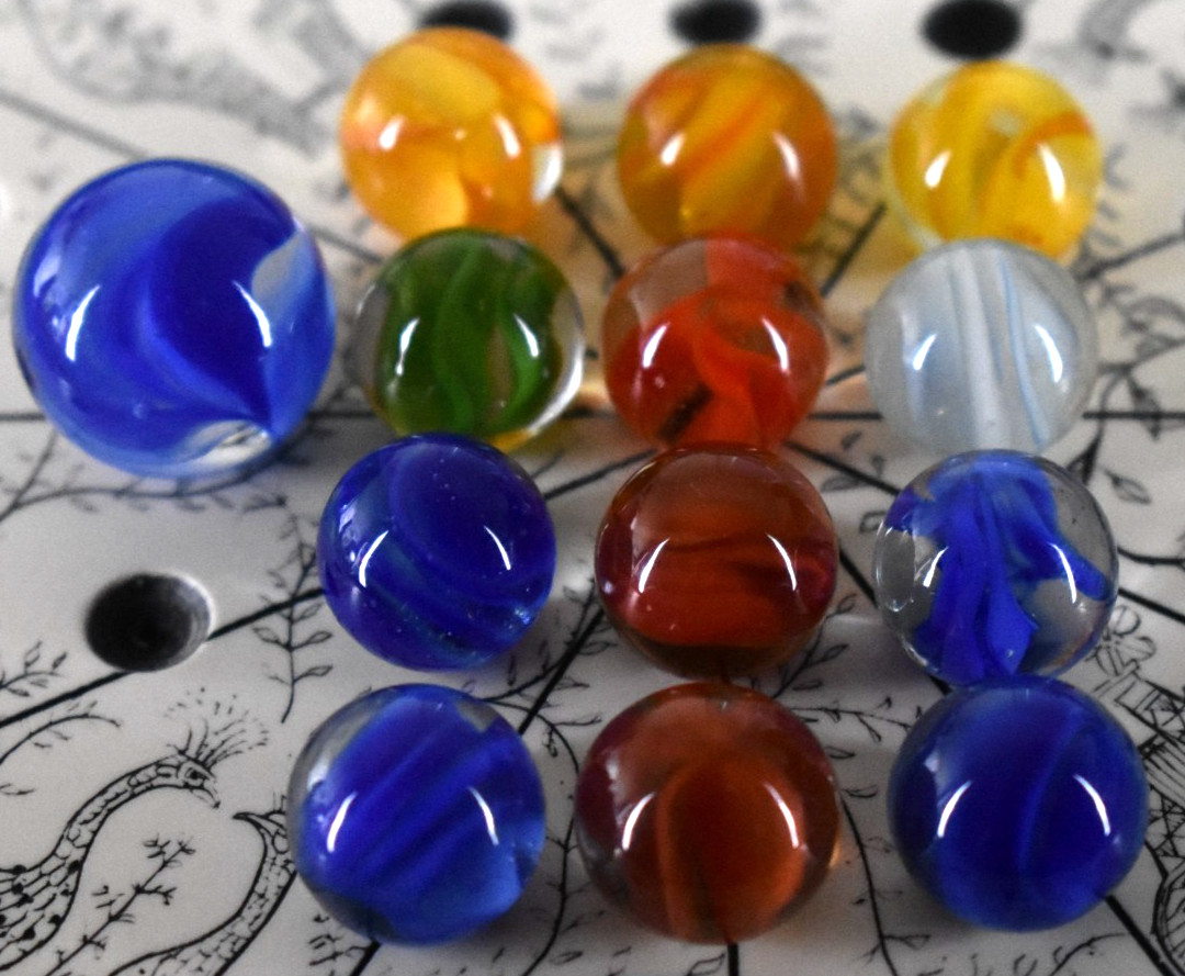 Vintage Vitro Agate Early Cats Eye Marbles 12 Standard + 0.86″ Shooter (VG)