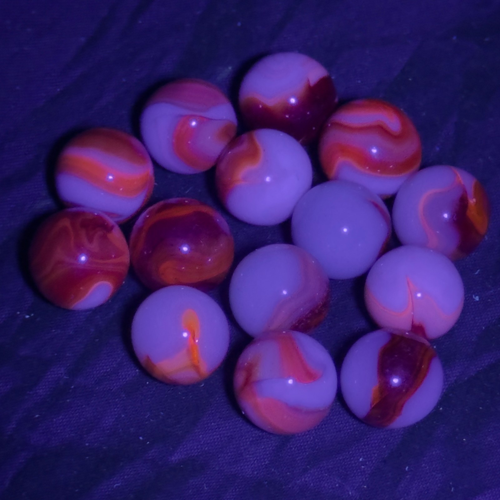 Vintage UV Glow Glass Marbles Opaque Red Orange Tones Lot of 14