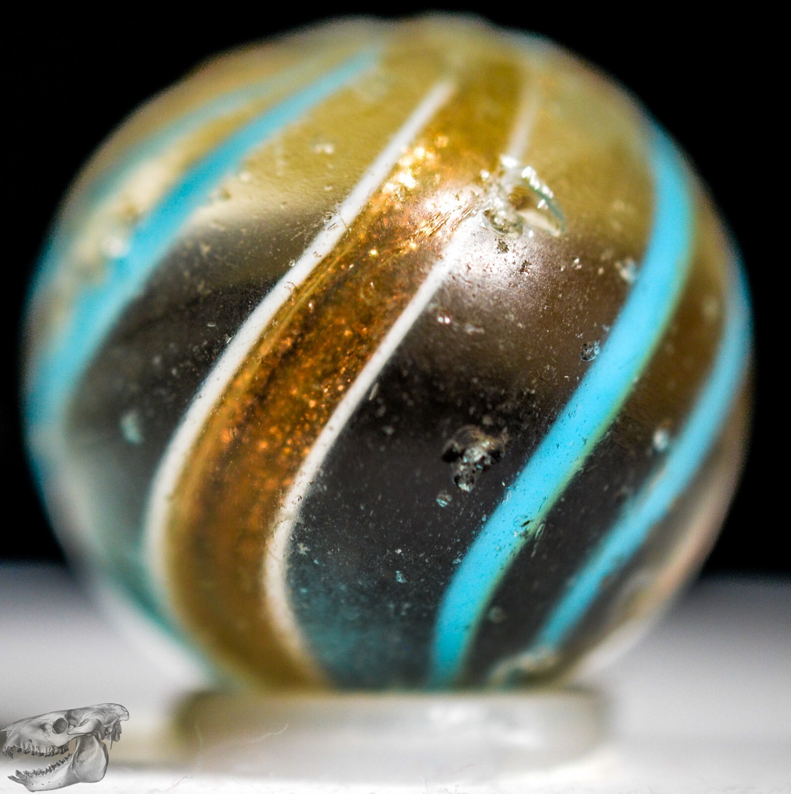 Handmade Aqua Banded Lutz Marble, 25/32 in, Good+, Chip, Germany 1860-1920 S1234