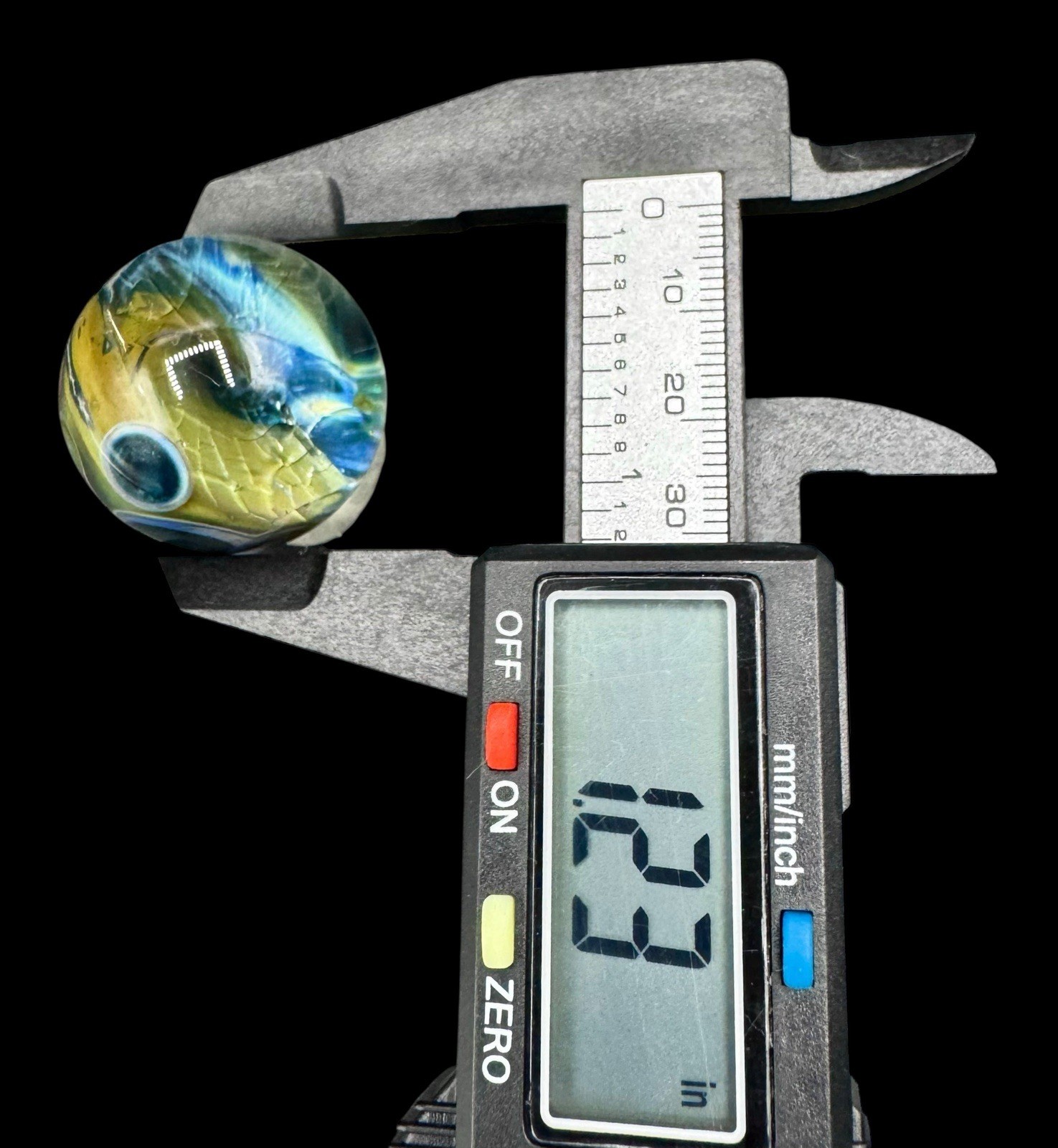 Contemporary Handmade Art Glass Marble 1.23″ Blue Green Purple Planet Crackle