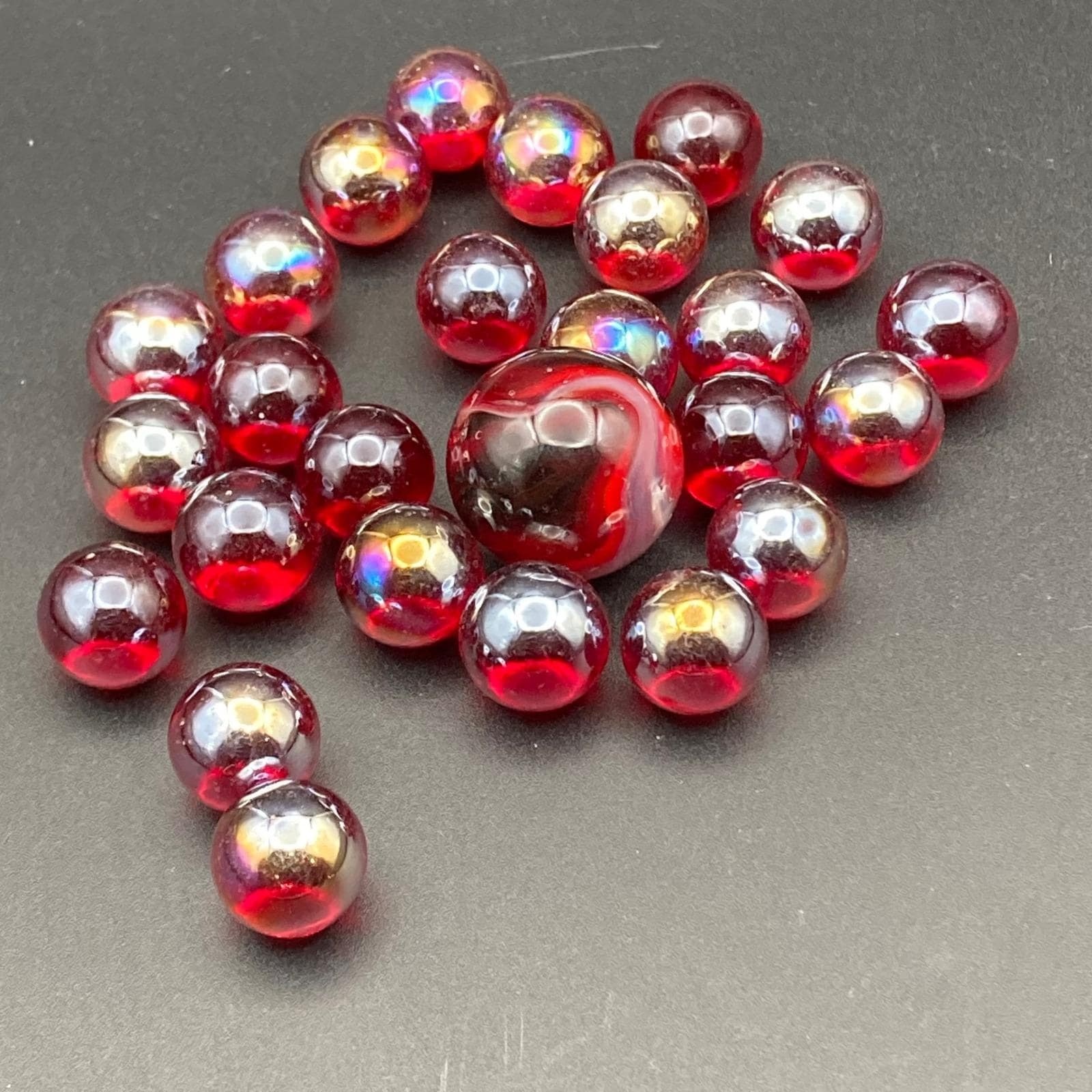 Vintage Glass Marbles / 25 Iridescent Red Orange Cadmium / Small / Glows / No 24