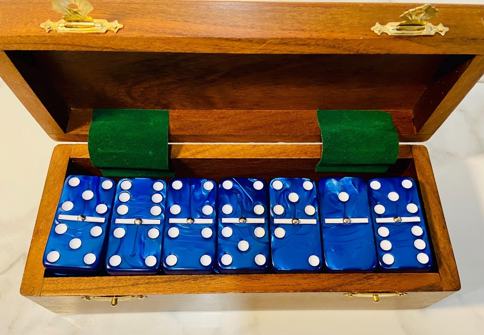Double 6 Blue White Spinner Domino Set Candy Paint Marble Gloss Finish Game Set