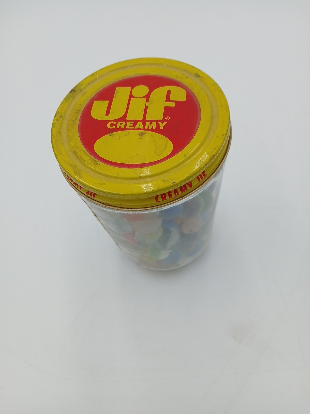 Vintage Jar Of Assorted Marbles With Steelie In Glass Peanut Butter Jif Jar