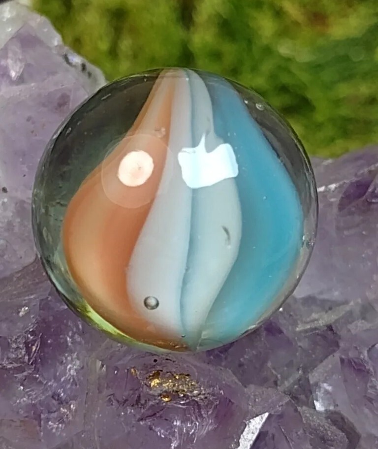 Elegant 💎 NM Turquoise & Peach Cateye Six-Vane “V” Style Vintage Marbles .60″