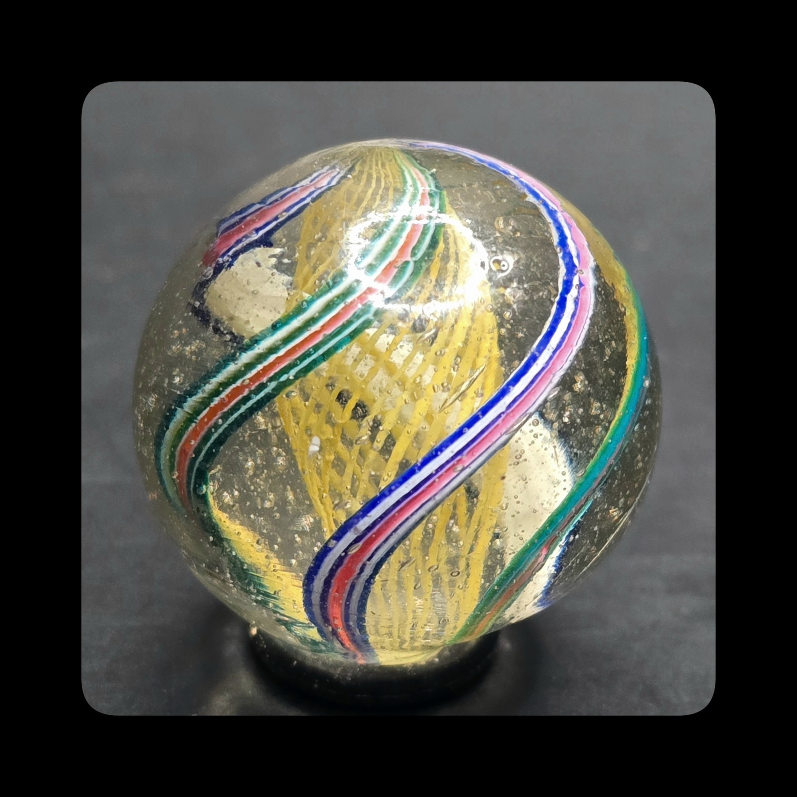 ~Mic’sMibs~ 1.12″ Precision Banded Golden Yellow Latticino Core Swirl Mint 9.6