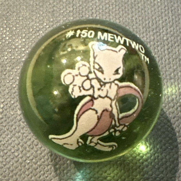 Green Glass Marble w/ Pokémon #150 Mewtwo Image, Machine Made, 1999 Vintage