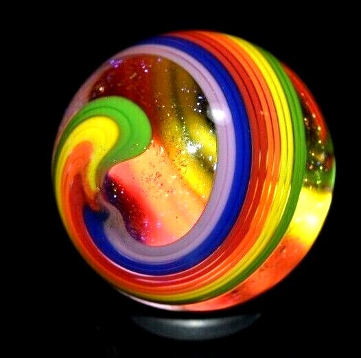 JAMES ALLOWAY GLASS MARBLE/1.205″-DICHROIC 6 COLOR 1/2 SWIRL #3220-LIME,RED,BLUE