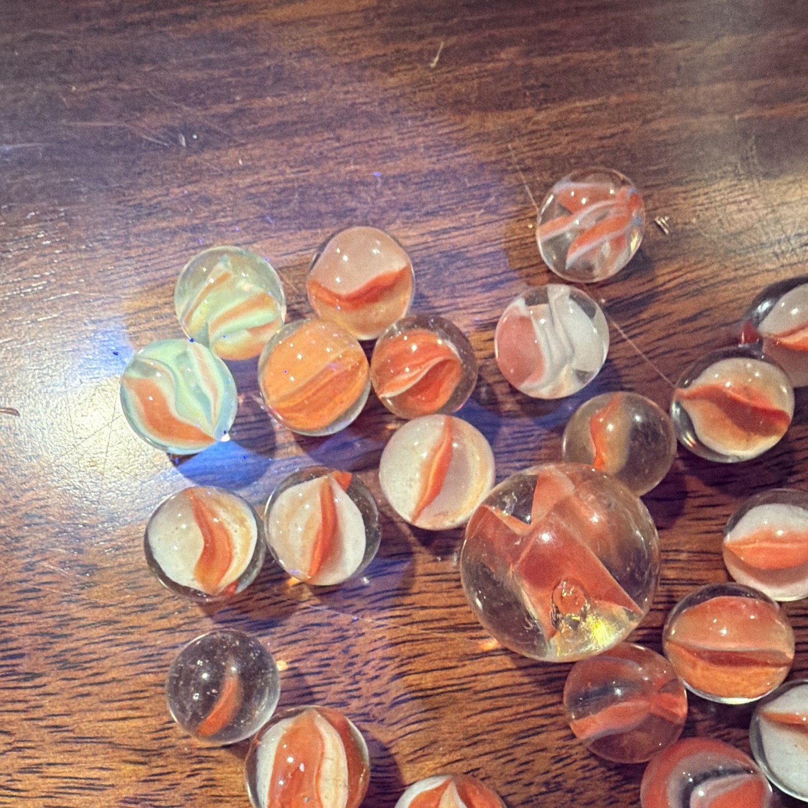 Glass Toy Marbles Lot Orange & White Swirl w/ 1 Large Shooter, Machine Made