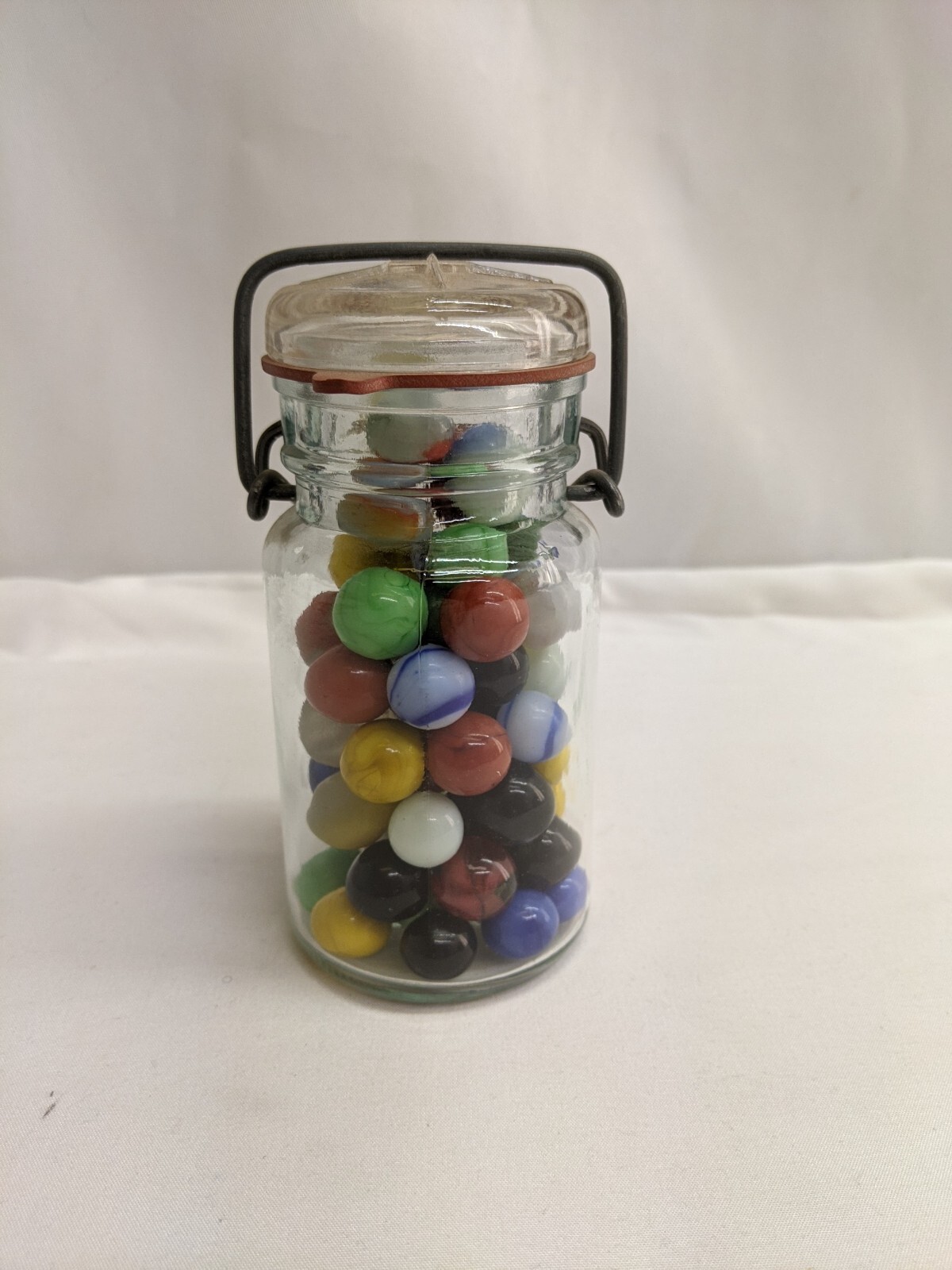 Vintage Marbles In Wire Lock Mason Jar 5 1/4″ x 2 1/2″ Lot of 67 Marbles LW