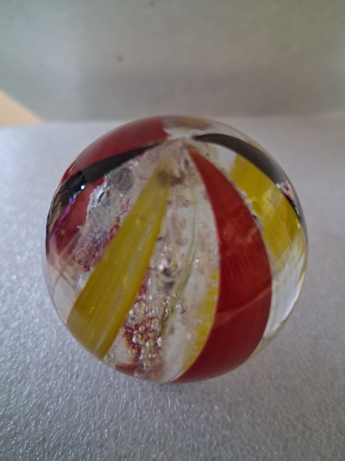 Marble Swirl Red Yellow Black W/Bubbles 1.72 Dia 4oz Very Nice