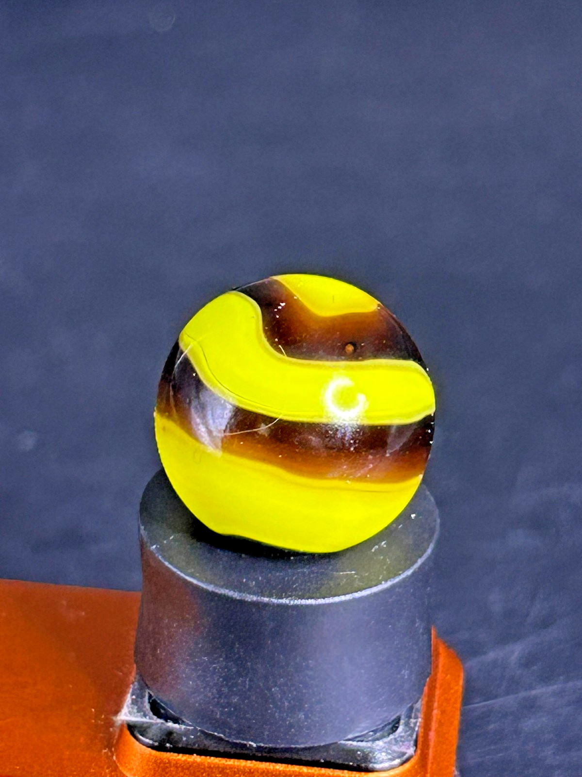 Christensen Agate Co. Swirl Yellow & Black UV+ Marble .63″ Mint CAC15
