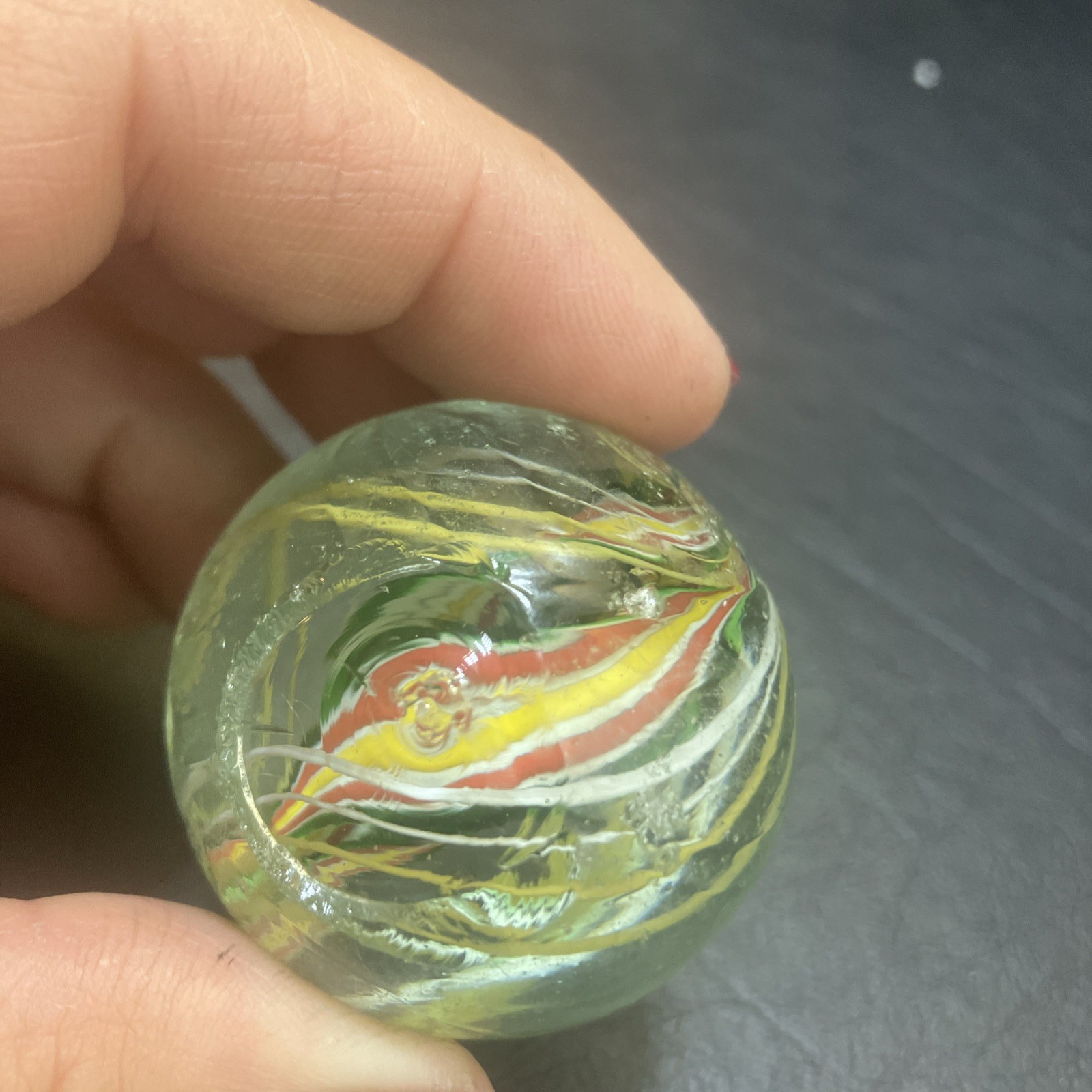German Handmade Ribbon-Core Swirl Marble ~23mm Multicolor w/ White Cage (1As)