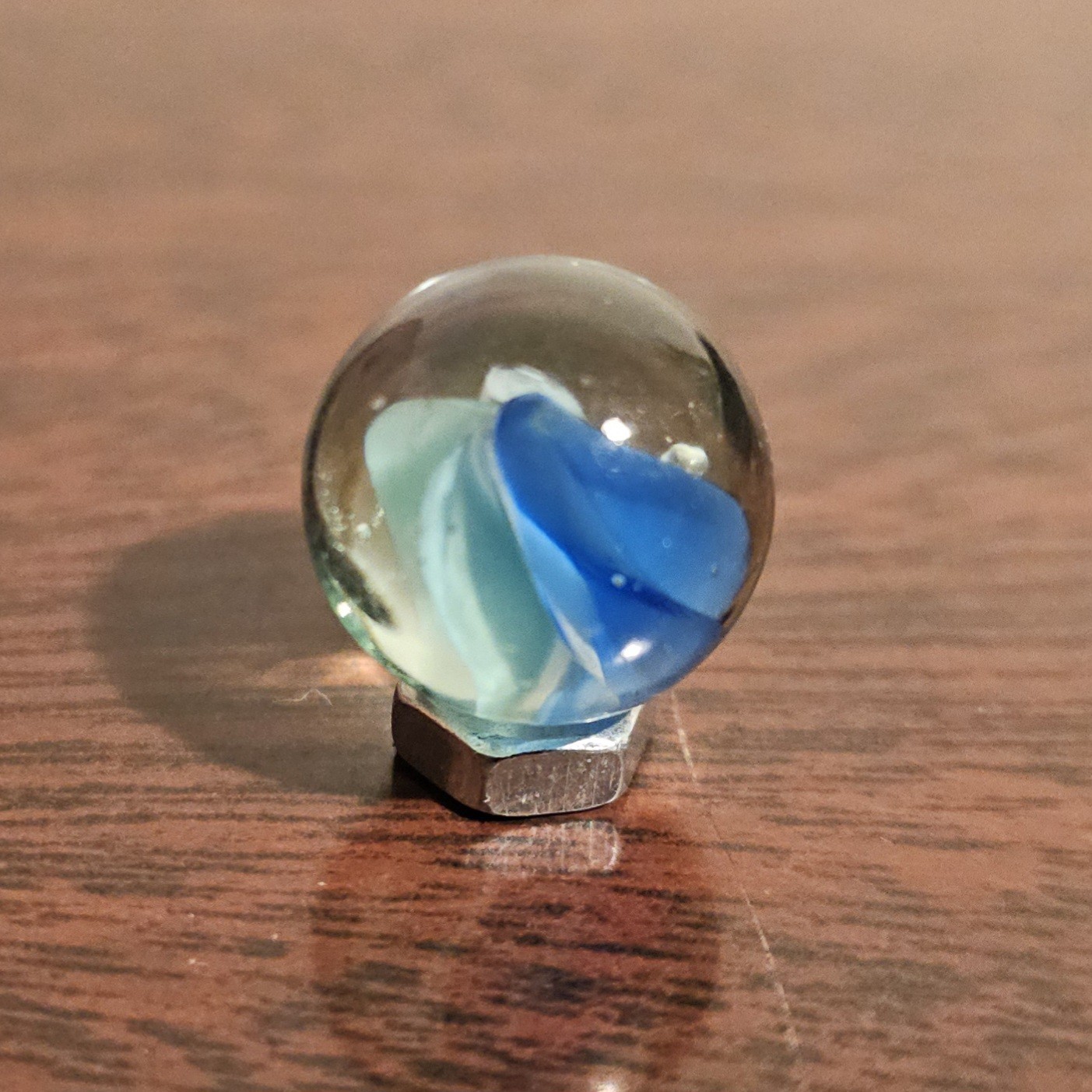 Vintage 6-Lobe Cats Eye Light Blue Dark Blue Pass-Thru White .593 Glass Marble