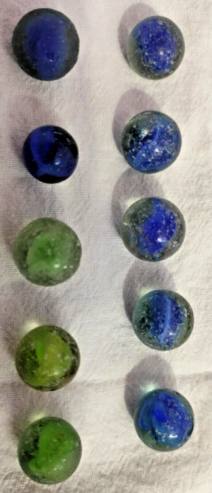 OLD TOY MARBLE 10 no 4 vein cats eye (7 blue + 3 green) Rail road clear base