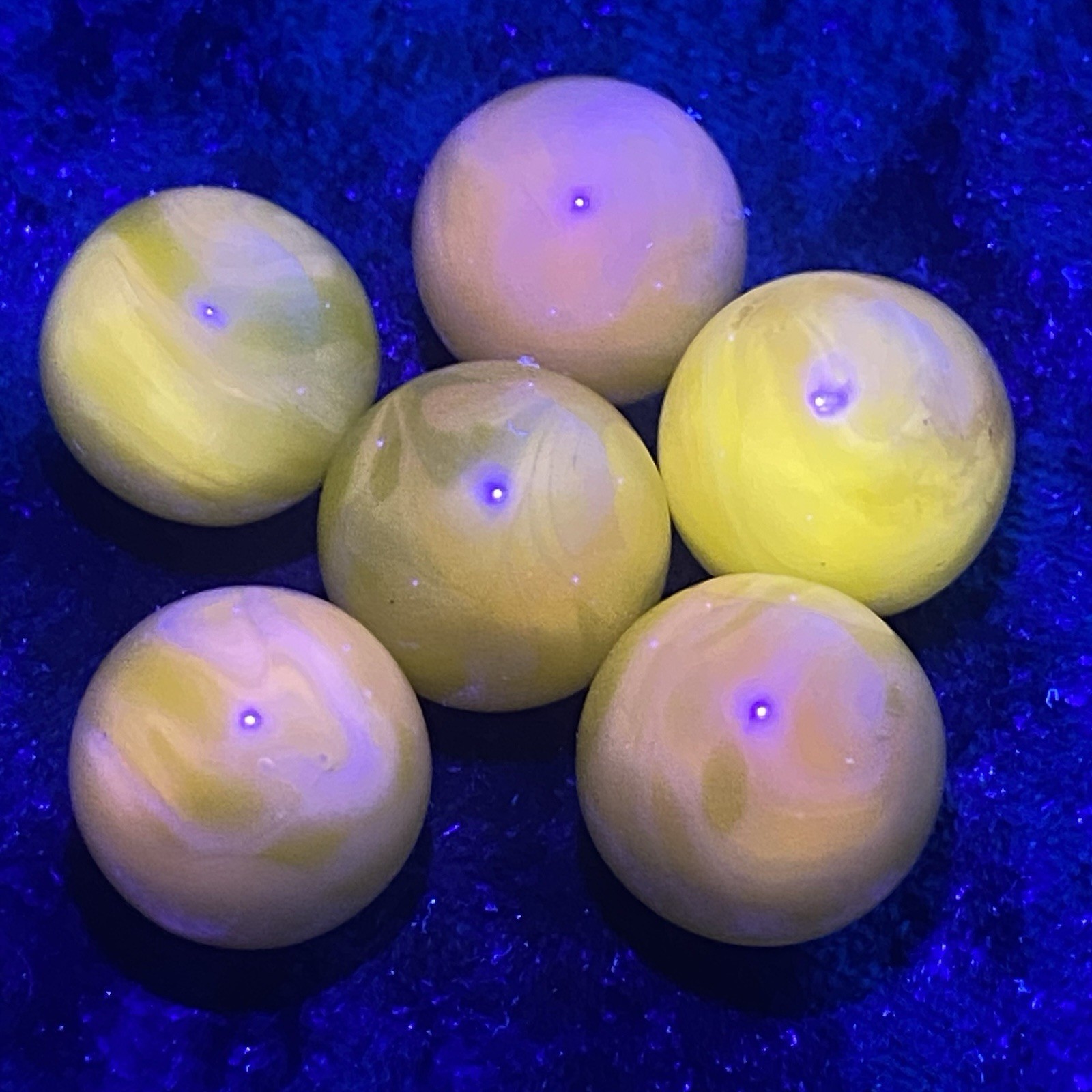 Lot of Six Bright Green Marbles That Glow Orange/Pink Under UV Blacklight