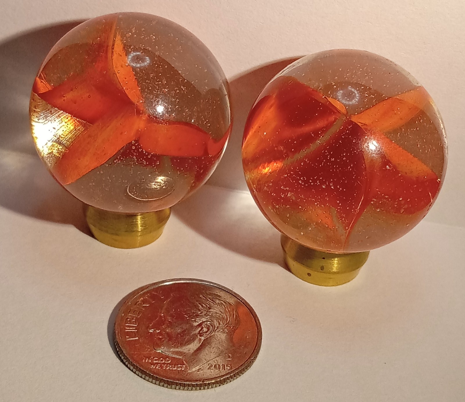 2 Old HEATON Bogard Cats Eye Marbles Orange & Yellow Hybrid 1″ SHOOTERS NM+