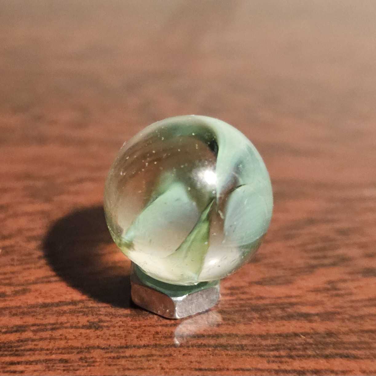 Vintage Vacor Green Spaghetti Ribbon .593″ Glass Marble w Huge Cold Roll Gash