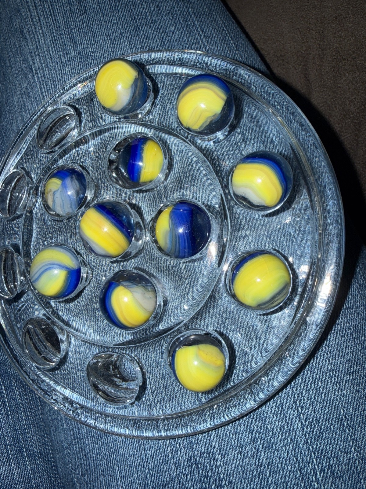 Lot of 12 Vintage 1930s-1940s Standard Marbles – Blue & Yellow Peltier NLR, Akro