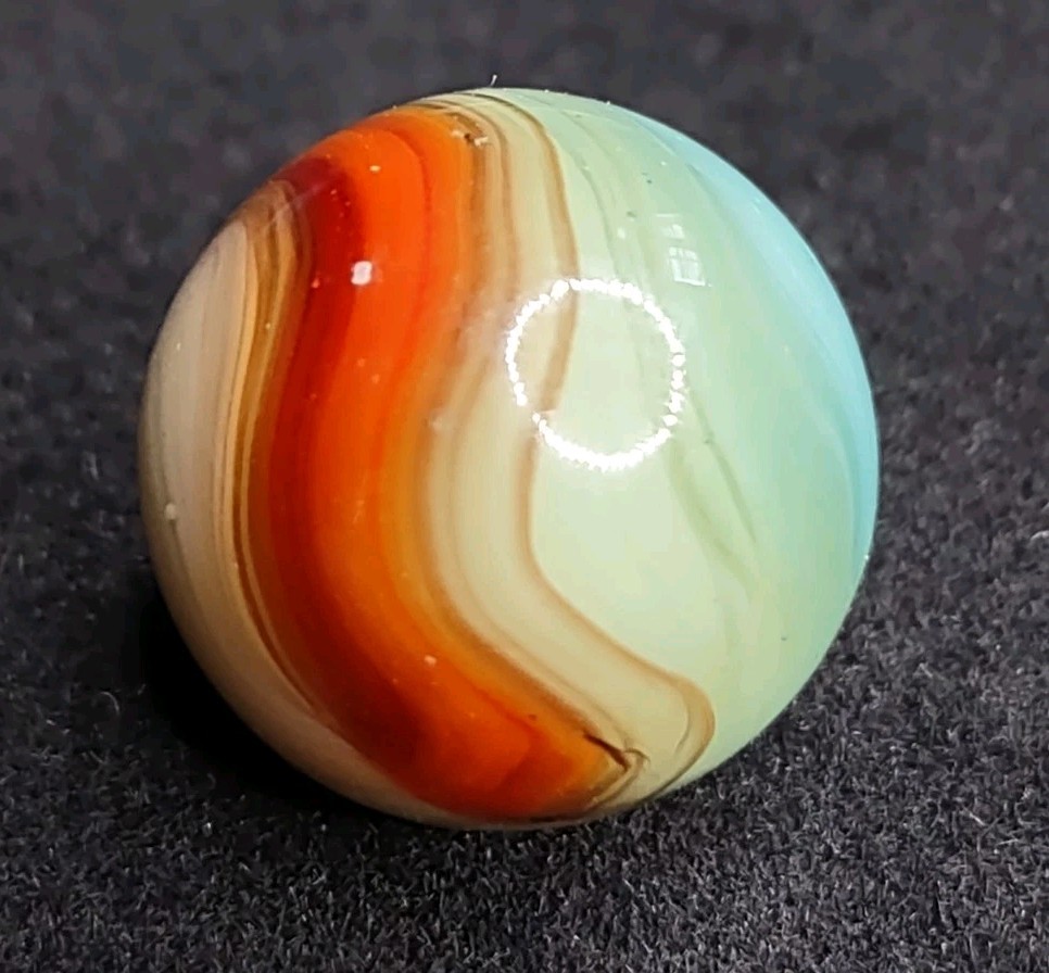 Aquamarine Blue & Red & Tan TRILITE Ribbon Swirl Glass Vitro Vintage Marble .62″