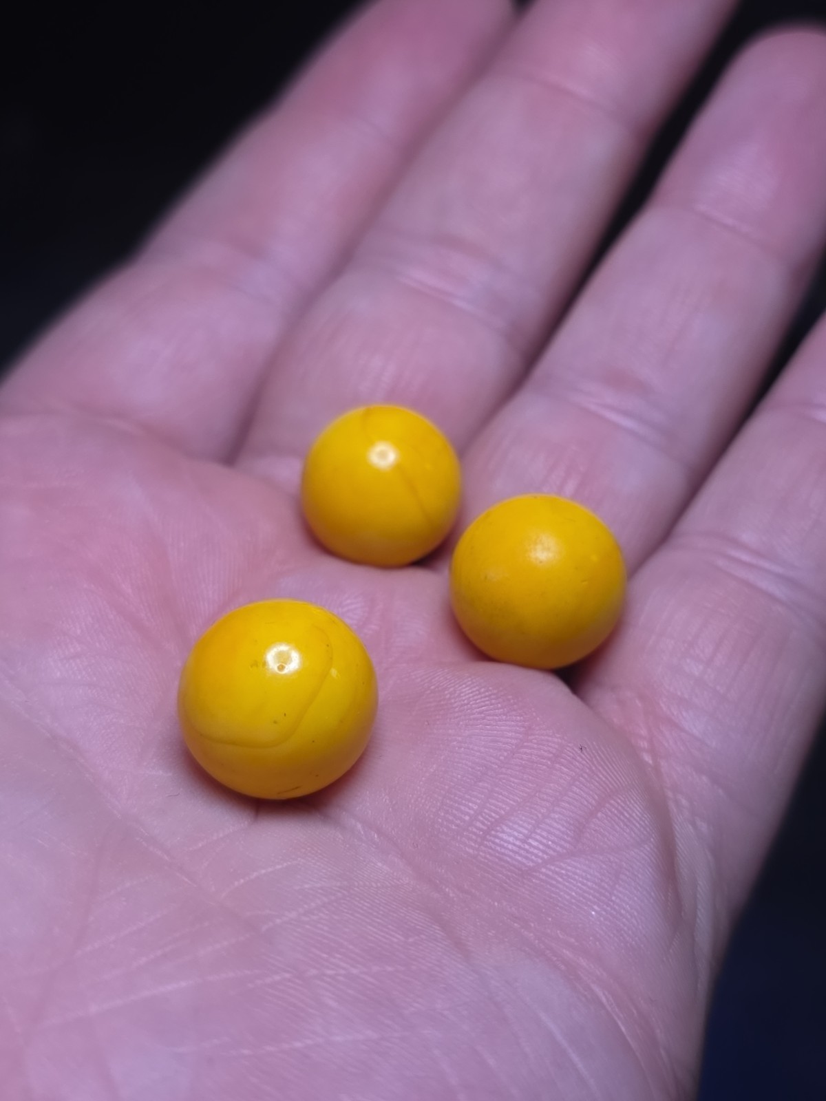 Akro Agate Solid Yellow Small Swirl Marbles Cadmium Glow Antique .6″ Diameter X3