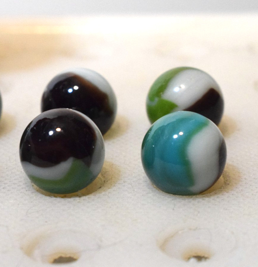 VITRO AGATE MARBLES WHITIES 6PC LOT BROWN AQUA OPAQUE WHITE STRIPE BANDED PATCH