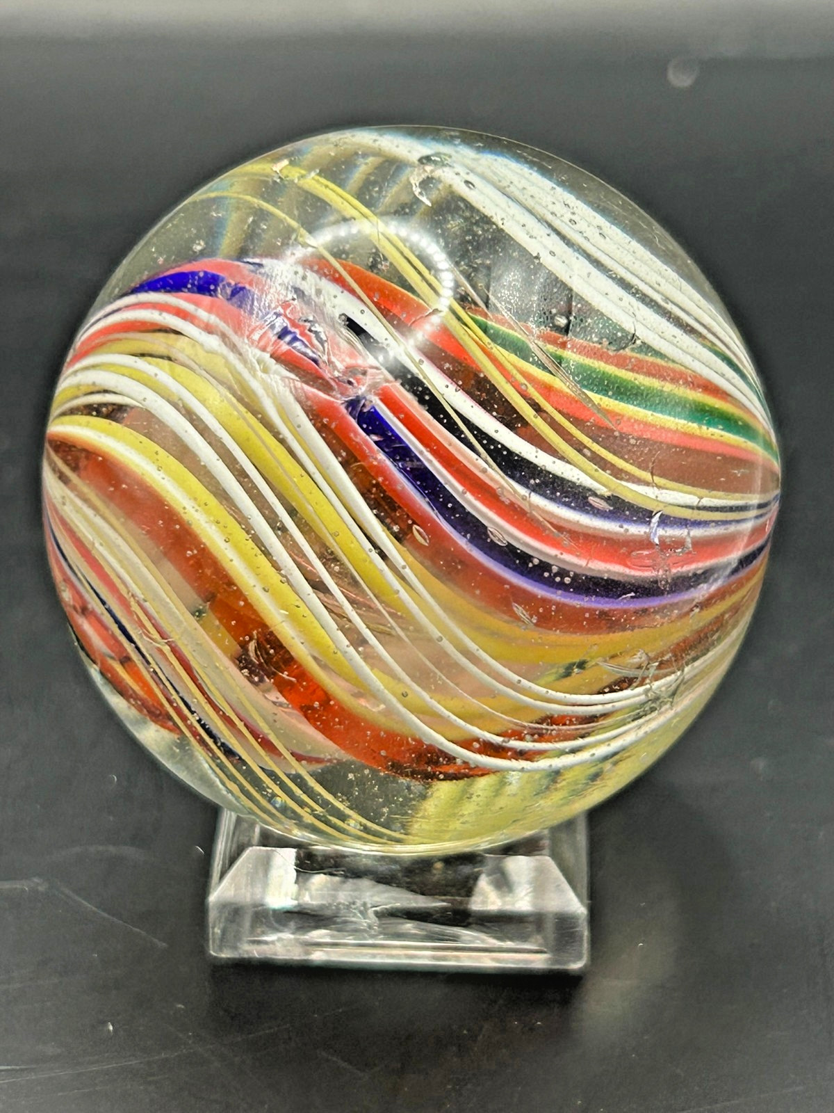 Antique German Divided Core Latticino Swirl Marble 1-11/16″ Polished E3.10