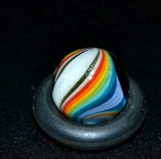 BRYAN TRILLAS GLASS MARBLE/.432″-WHITE STRIPE RAINBOW UV-NEON GREEN UNDER BLACKL