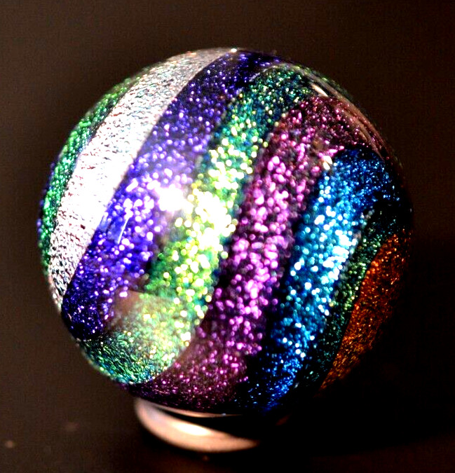 JAMES ALLOWAY GLASS MARBLE/1.358″-DICHROIC RAINBOW STARDUST #639-VIOLET,FOREST +
