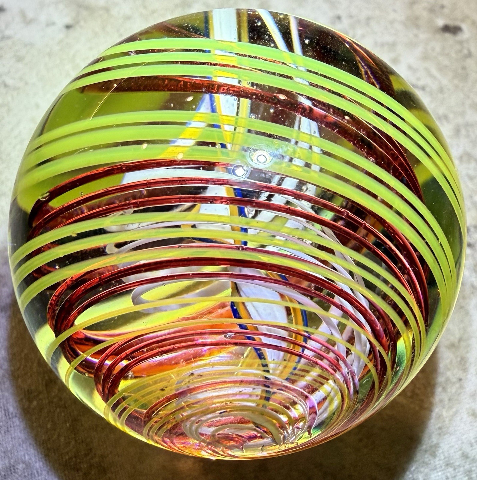 Studio Artist Signed Art Glass Marble 1.73” Latticino Ribbon Core Handmade