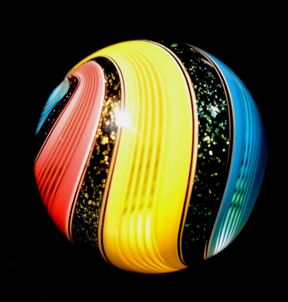 HOT HOUSE GLASS MARBLE/1.490″-TRIPLE DICHROIC LATTICINIO-CRIMSON, TURQ,SUNFLOWER