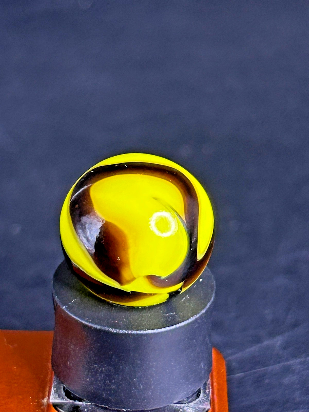 Christensen Agate Co. Swirl Yellow & Black UV+ Marble .63″ Mint CAC15