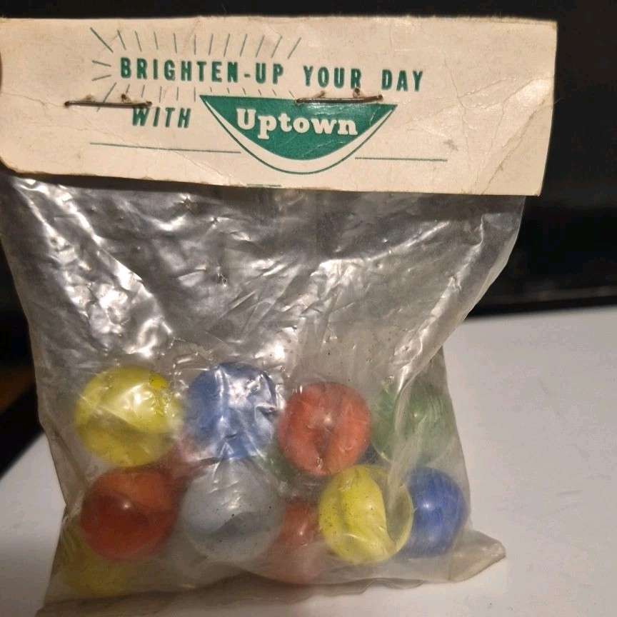 VTG 1960s Uptown Marbles Sealed Bag 5 UV Glow Uranium Glass Playtime Sales