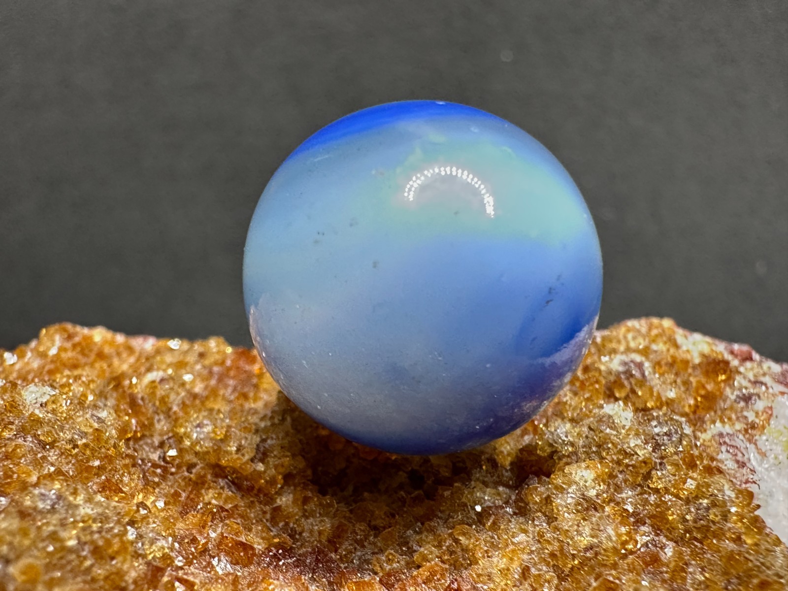 Vintage Peltier Glass NLR SEMI-TRANSPARENT Rainbo Marble – Blue & White – .68″