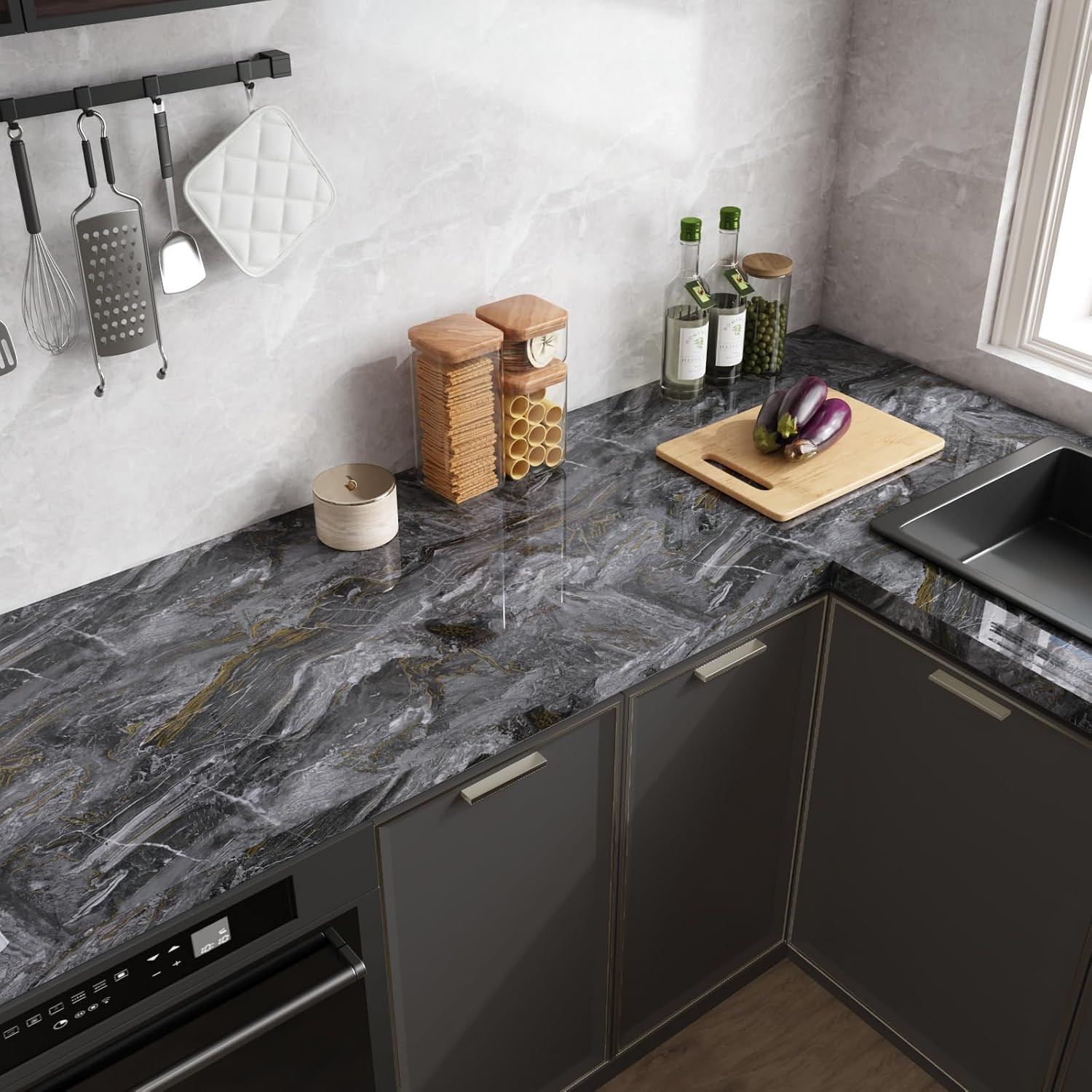 Dark Grey Gold Marble Contact Paper 12″x80″ Glossy Slate Marble Wallpaper Peel a